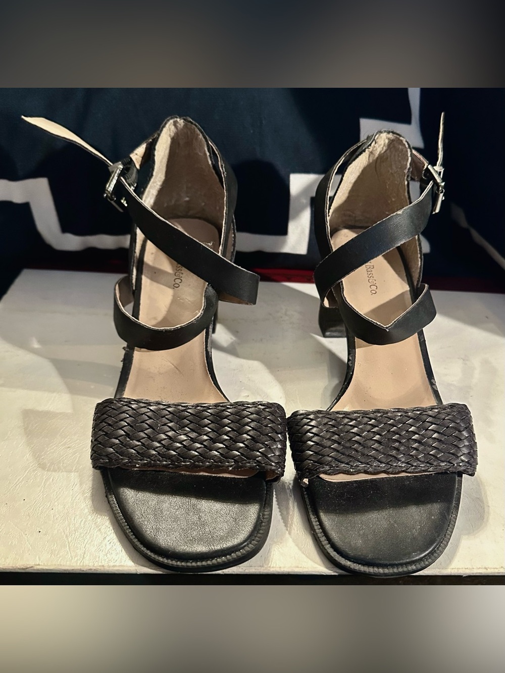 G. H Bass & Co. Women's Black Woven Strap Heeled Sandals